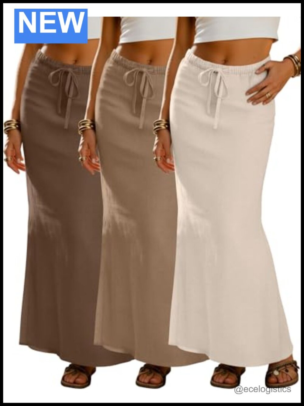 3 Pack Women Cotton Linen Maxi Skirts A-Line High Rise Drawstring